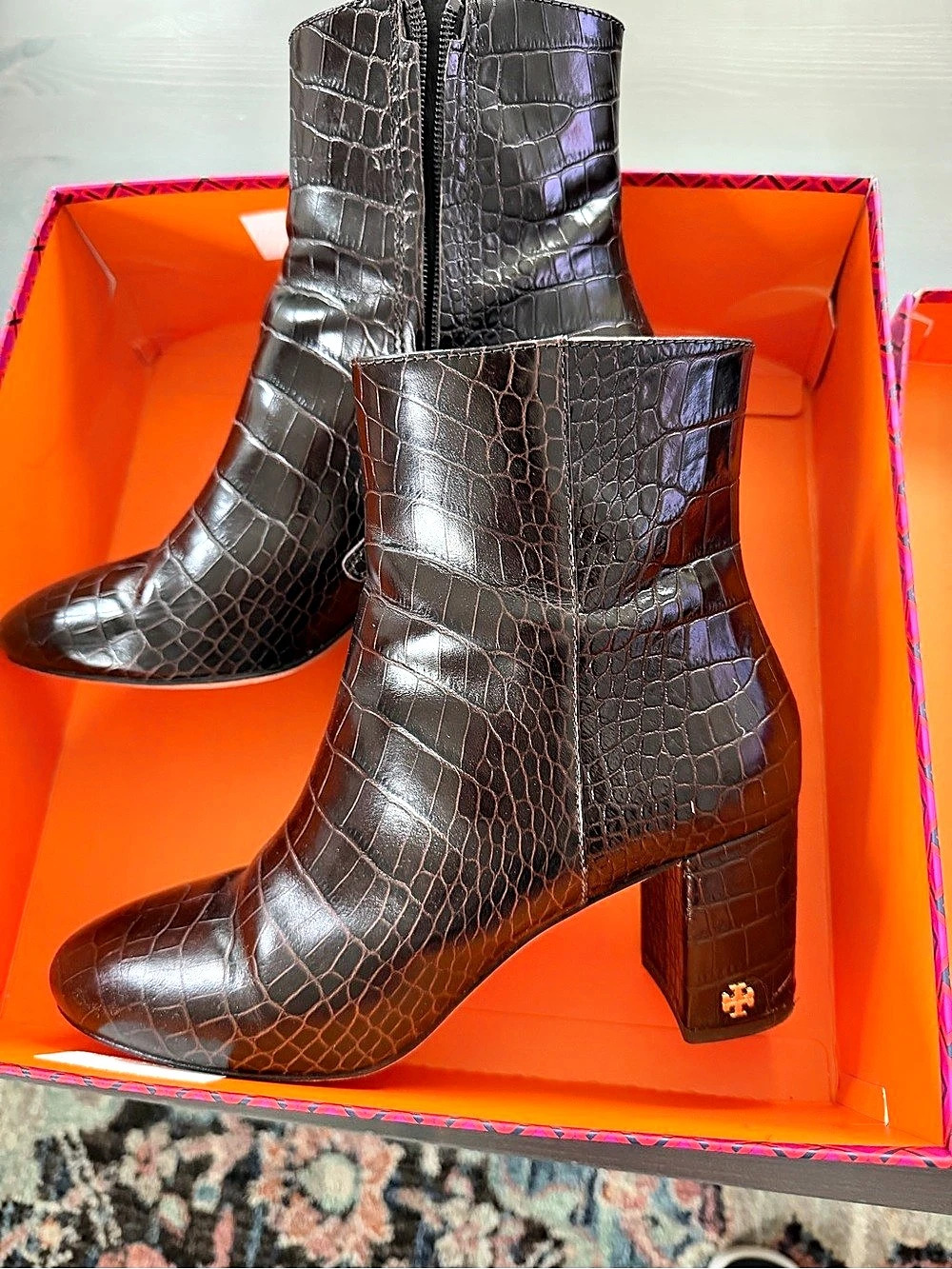 Tory Burch Croc-Embossed Heeled Boots in Brown